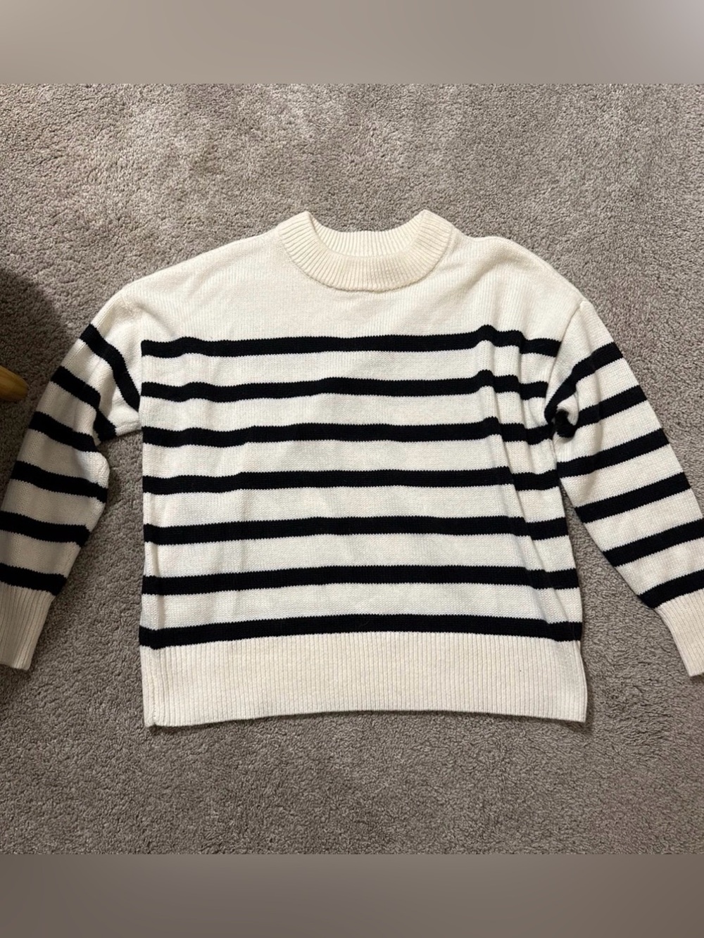 Women's Cream and Black Striped Crewneck Sweater